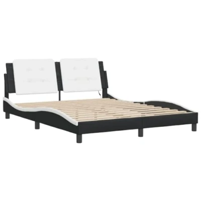 Image of vidaXL Black and White Double Bed Frame 160x200 cm with LED Lights in Faux Leather, Plywood Slats Sophisticated Style for Bedroom