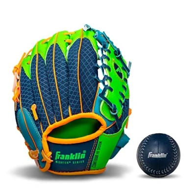 Image of Franklin Sports Baseball Gloves Meshtek Child&#039;s Tball Glove + Ball Boys Girls Teeball Mitt Set Kids Toddler Right Hand Throw 9.5&quot; Navy/Lime/Orange