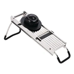Image of Vogue Mandoline, Silver &amp; Black, Size: 135(W) x 400(L)mm, Includes Five Interchangeable Blades Protective Pusher, Non Skid Folding Stand, Dishwasher Safe, Stainless Steel Blades, Y836