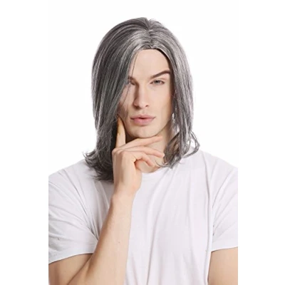 Image of Wig ME UP GFW891 51 Men Gents long straight middle parting aged rock star youthful modern look dark gray grey