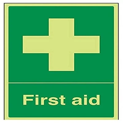 Image of VSafety 31001AU G &quot;First Aid&quot; First Aid General Sign, Glow In The Dark, 1 mm Plastic, Portrait, 200 x 300 mm, Green