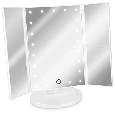 Image of Navaris LED Foldable Cosmetic Mirror 2x 3x Magnifying Vanity Stand &amp; Tray Easy Storage Lighted Makeup Matte White