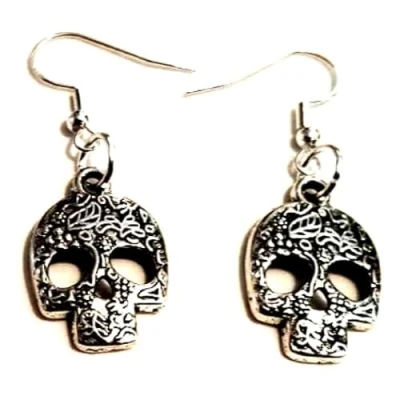 Image of Sugar, Candy Skull Earrings on Sterling Silver Hooks/Halloween Fancy Dress Dangle Earrings/Day Of The Dead Drop