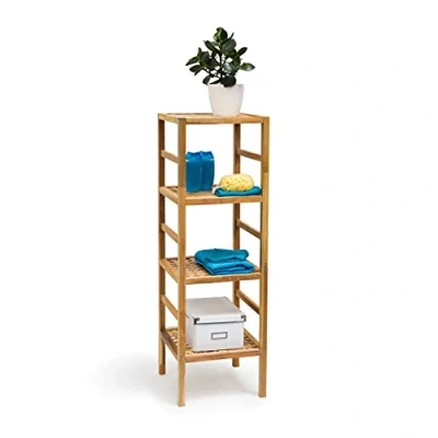 Image of Relaxdays Bathroom Rack with 4 Shelves, Free Standing, 117 x 35.5 cm, Walnut Wood, Shelving Unit, Brown