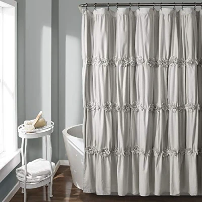 Image of Lush Decor, Light Gray Darla Ruched Floral Bathroom Shower Curtain, x 72