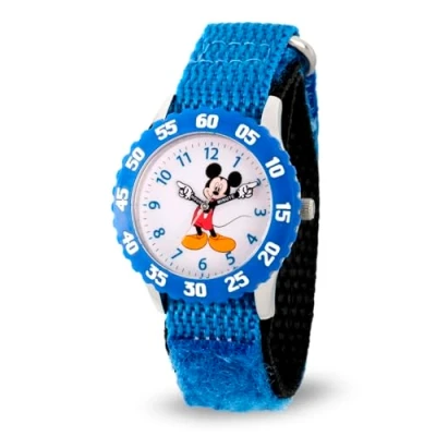 Image of Disney By Ewatchfactory Kids Mickey Mouse Quartz Watch with White Dial Time Teacher Display and Blue Nylon Strap W000228