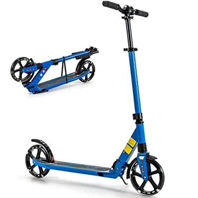 Image of SPOTRAVEL Kick Scooter, Adjustable Folding Kids Scooter with Light Up LED Wheels and Shock Absorbing System, Lightweight Aluminum Sport for 8+ Teens Adults (Blue)