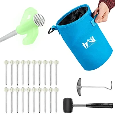 Image of Trail 20 x Glow In The Dark Tent Pegs Heavy Duty Steel for Hard Stony Ground with Mallet, Peg Extractor and Bag Carabiner Clip (Peg Size: 20cm 6.5mm)