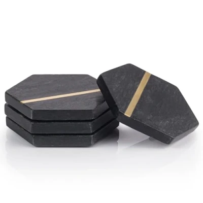 Image of EHC Marble Coasters Set of 4, Hexagon Set, Non Slip for Drinks, Coffee Pads Beer Bar Mat, Black