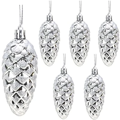 Image of Christmas Concepts® Pack of 6 90mm Pine Cone Baubles Shiny and Glitter Decorated Luxury Decorations (Silver)