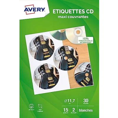 Image of AVERY J8676 12 Adhesive CD Labels 30 White. Maximum Size. Printing: Inkjet