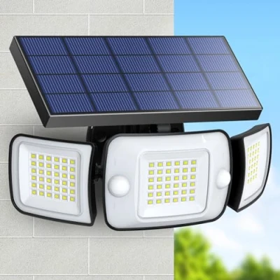 Image of INTELAMP Solar Light Fixture, 108 LED with Motion Sensor, 6000 mAh, Black, Ideal for Patio, Porch, Garage, Yard, Streets, IP65 Waterproof