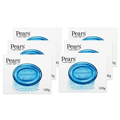 Image of Pears Transparent Soap (100g) Pure and Gentle with Mint Extracts (Pack of 6)