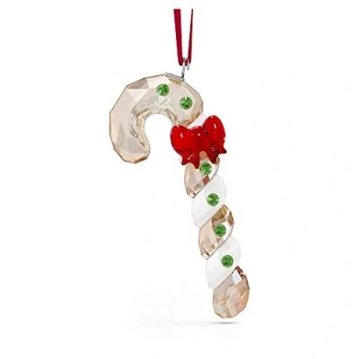 Image of Swarovski Candy Cane Ornament, Gold Tone, Red and White Crystals Hanging Decoration, from the Holiday Cheers Collection