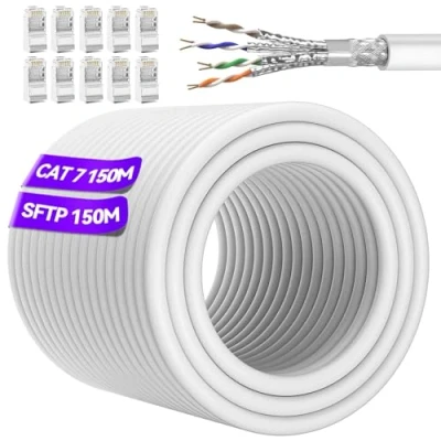 Image of Ethernet Cable 150m, Cat 7 Outdoor High Speed Internet 24AWG Network S/FTP Shielded Patch RJ45 LAN Gigabit Wlan 10Gbps 600MHz Wifi Waterproof for Modem Router