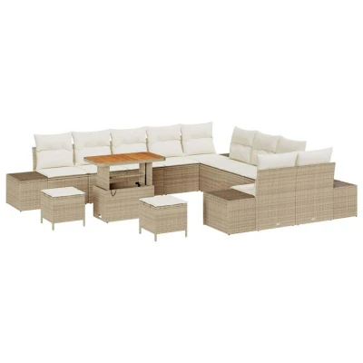 Image of vidaXL 13 Piece Garden Sofa Set with Cushions Beige Poly Rattan Acacia