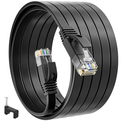 Image of Ethernet Cable 10m Cat 6, Flat Internet 10 Meters Extra Long Slim Network Rj45 High Speed Gigabit 250Mhz Black 30ft LAN Patch for Modem Router
