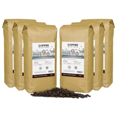 Image of Coffee Masters Mountain Water Decaf Beans 6 x 1kg 100% Arabica Roasted Whole in Bulk Ideal for Espresso Machines Bold and Strong Flavour