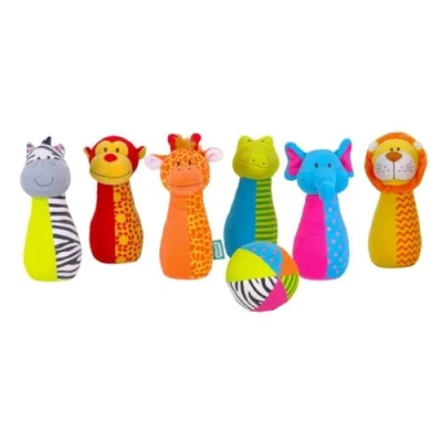 Image of Fiesta Crafts Skittles Game for Kids Jingly Jungle Bowling Set with 6 Animal &amp; 1 Multicoloured Ball Bright, Soft, Embroidered Sensory Toys Year Old Above Boys, Girls, Toddler