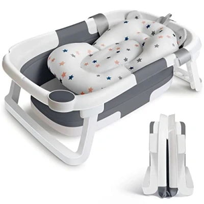 Image of Baby Bath Tub Foldable Bathtub, Collapsible Toddler Tubs with Baths Support Cushion Pad Seat Mat, Anti Slip Portable Travel Shower Bathing Basin Folding Bathtubs for Newborn Infant (Grey)