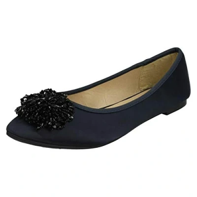 Image of Ladies Spot On Beaded Ruffle Vamp Flat Ballerina Navy Satin UK Size 4 EU 37 US 6