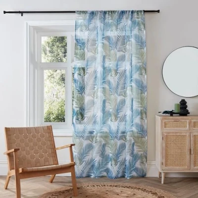 Image of Fusion Single Net Curtain for Windows W55 x L90 (140 228cm) Voile Bedroom/Living Room Tropical Leaf/Ferns Sheer Collection, Teal