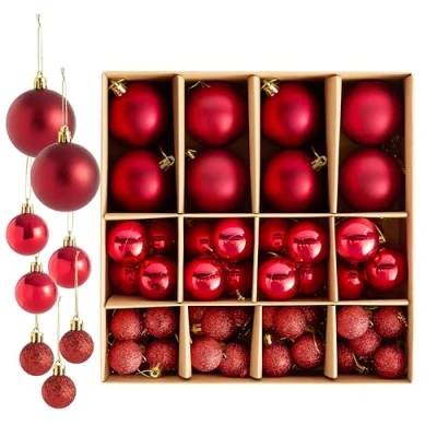 Image of THE TWIDDLERS 50 Pack Ruby Red Christmas Baubles Assorted Sizes &amp; Finishes 6cm, 4cm, 3cm Matte, Shiny, and Glitter Ornaments for Xmas Tree Decorations