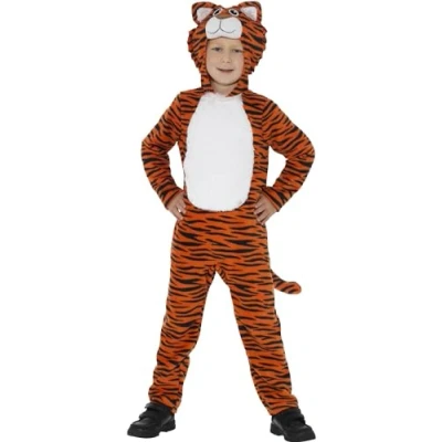 Image of Smiffys Tiger Costume, Orange &amp; Black with Hooded Jumpsuit Tail, Children&#039;s Animal Fancy Dress, Dress Up Costumes