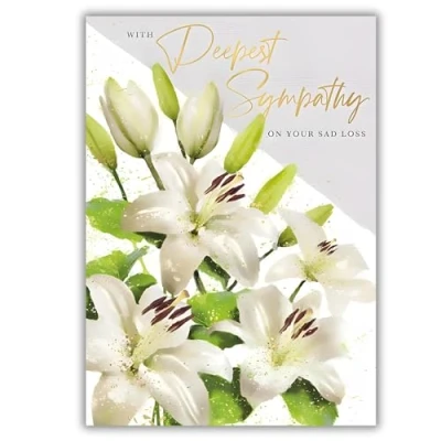 Image of Sympathy Card With Deepest on Your Sad Loss Lily Flowers Artistic Floral Design Special Finish and Illustrated Insert Leaf Made in the UK Eco Friendly