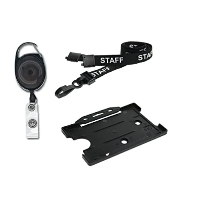 Image of Staff Lanyard Neck Strap with Safety Breakaway 15mm, Badge Pass ID Card Holder Credit Size and Retractable Keyring Premier YoYo Reel (Black Plastic)