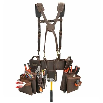 Image of TOURBON Leather Carpenters Tool Belt with Suspenders Detachable Electrician Pouches Work Apron Organiser