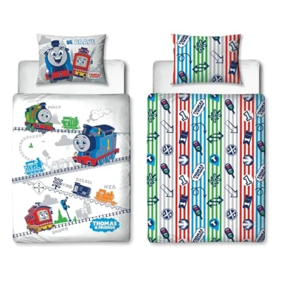 Image of Character World Thomas &amp; Friends Official Childs Toddler Cot Bed Duvet Cover All Aboard the Tank Engine Reversible 2 Sided bedding with Matching Pillowcase, Polycotton