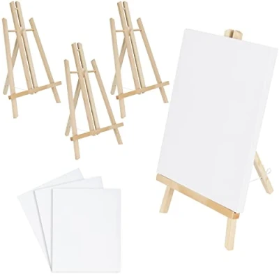 Image of Belle Vous Small Wooden Tabletop Easel with Canvas Set (4 Pack) W21.5 x H37cm / 8.46 14.57 inches Mini Tripod/A Frame Display Stand for Acrylic/Oil Painting, Arts and Crafts