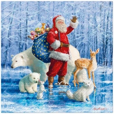 Image of 20 Napkins Christmas Santa with Polar Animals in Winter as Table Decoration Paper Motif Also for Decoupage and 33 x cm