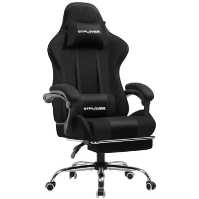 Image of GTPLAYER Fabric Gaming Chair, Massage Ergonomic Computer Chair with Footrest, Lumbar Support, Headrest, Height Adjustable Home Office Reclining PC Racing Chairs (Black)