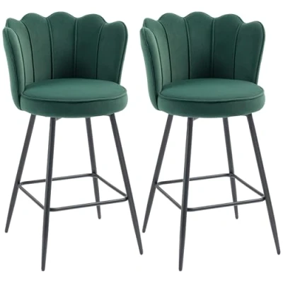 Image of HOMCOM Set of 2 Barstools with Petal Backrest for Kitchen Island Dark Green