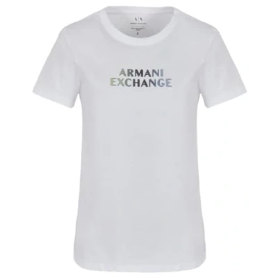 Image of Armani Exchange Women&#039;s Ombre Metallic Logo Cotton Jersey T Shirt, White (Optic White), XS