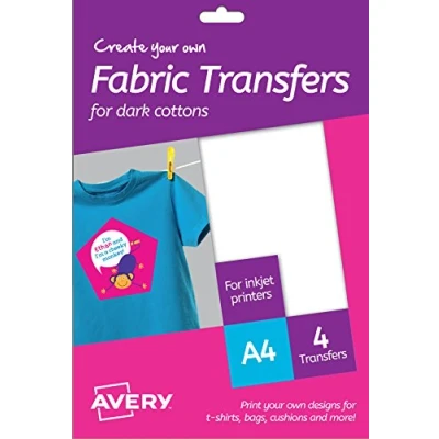 Image of Avery MD1003 Printable Fabric Transfers For Dark Cottons, 1 transfer Per A4 Sheet, white