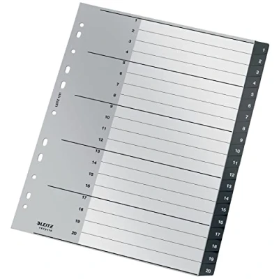 Image of Leitz Index Folder Divider, 1 20 Numerical Tabs, A4, Extra Wide, 90% Recycled Plastic, Eco Friendly, Premium Quality, Recycle Range, 12110095, Black, 30.9 x 24.3 0.6 cm