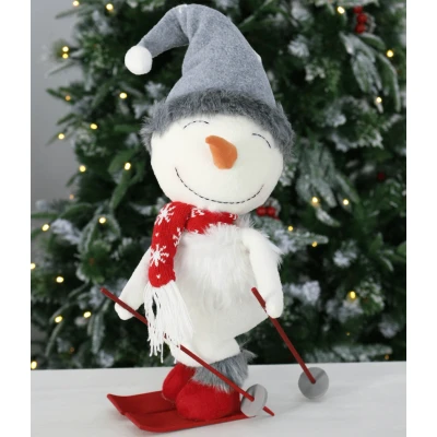 Image of Mr Crimbo Novelty Skiing Snowman Christmas Xmas Home Festive Plush Soft Decoration With Wooden Ski &amp; Poles White 40cm