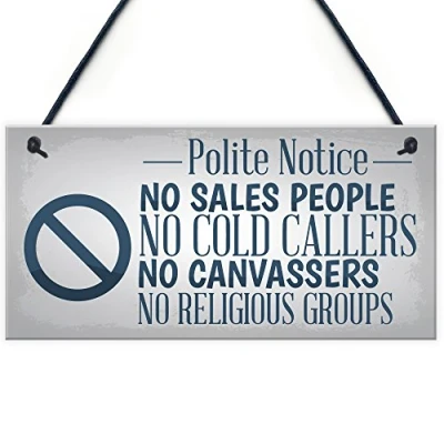 Image of RED OCEAN No Cold Callers Sales Religious Groups Front Door Stop Sign Polite Notice Hanging Wall Plaque
