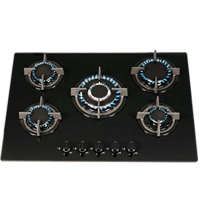 Image of SIA GHG703BL 70cm Black Glass 5 Burner Gas Hob With Iron Pan Stands &amp; Wok