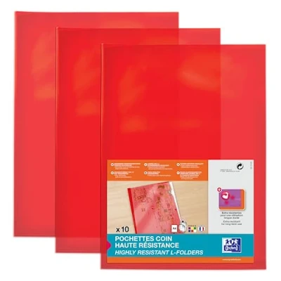 Image of OXFORD Pack of 100 High Resistance A4 PVC Smooth Corner Pockets 15/100 Thick Red