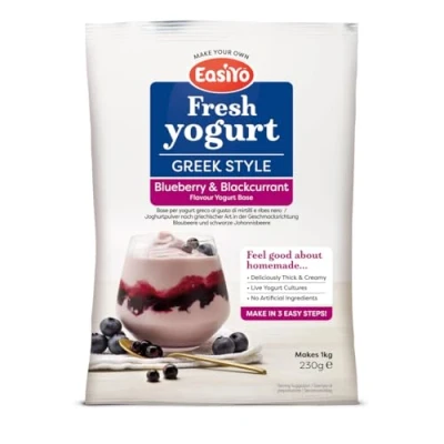 Image of EasiYo Greek Style Blueberry &amp; Blackcurrant Flavoured Yogurt Mix Sachet 230g For Use With Makers