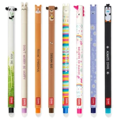 Image of LEGAMI Set of 8 Erasable Gel Pens with Thermosensitive Erase Ink, Range ink colours &amp; barrel designs, 0.7mm Tip, Bunny, Lion, Corgi, Panda, Penguin, Llama, Hippo, Shark Designs
