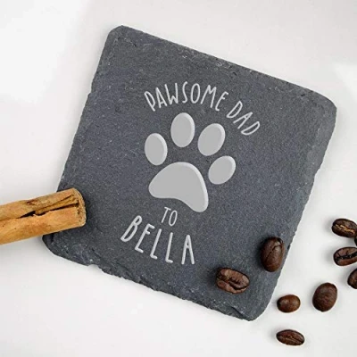 Image of eBuyGB Personalised Square Slate Coaster, Pawsome Dad, Dad Birthday Gift, Present from Dog/Cat, Engraved Drinks Coaster