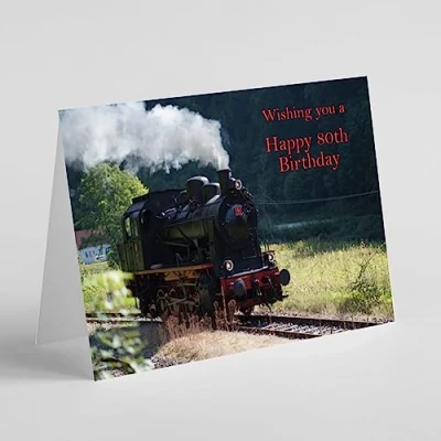 Image of Beebooh cards steam train on track 80th birthday card