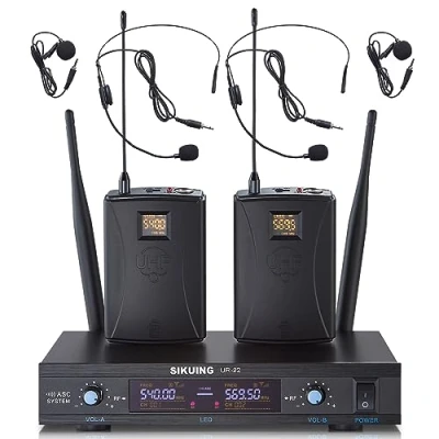 Image of SIKUING Dual Channel UHF Wireless Microphone System, 2 x 30 Adjustable Frequencies, Lavalier and Headset System for Meeting, Church, 300 ft Range (2 Body Pack)