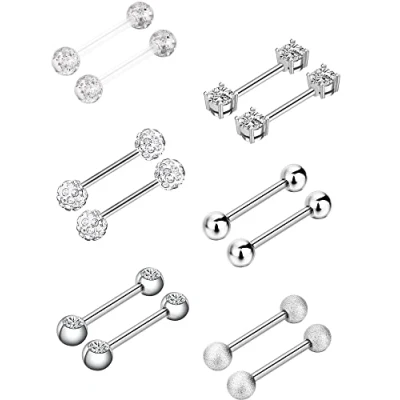 Image of 6 Pairs Nipple Bars Surgical Stainless Steel Piercing Titanium Barbell Ring Tongue Cubic Zirconia Rings Body Jewelry, 14 Gauge