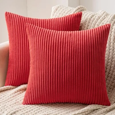 Image of MIULEE Set of 2 Christmas Striped Corduroy Square Throw Pillow Case Soft Cushion Cover Sham Home for Sofa Chair Couch/Bedroom Decorative Fluffy Large Pillowcases 18x18 Inch 45x45cm Red